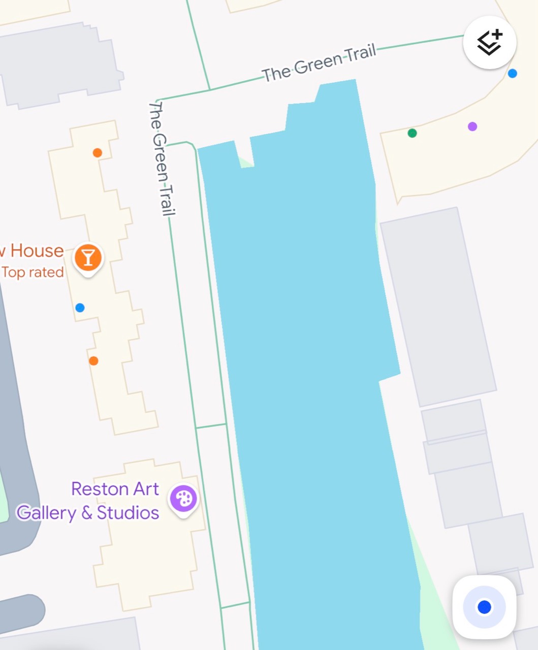 Map showing the lakeside plaza strip by The Green Trail and Reston Art Gallery and Studios at Lake Anne