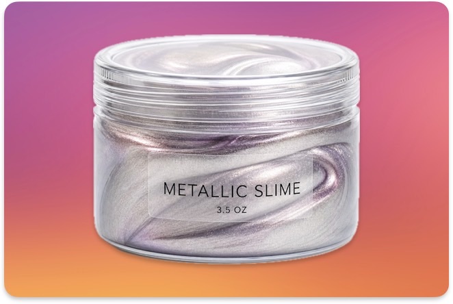 Clear jar filled with silver Metallic Slime against a pink and orange background