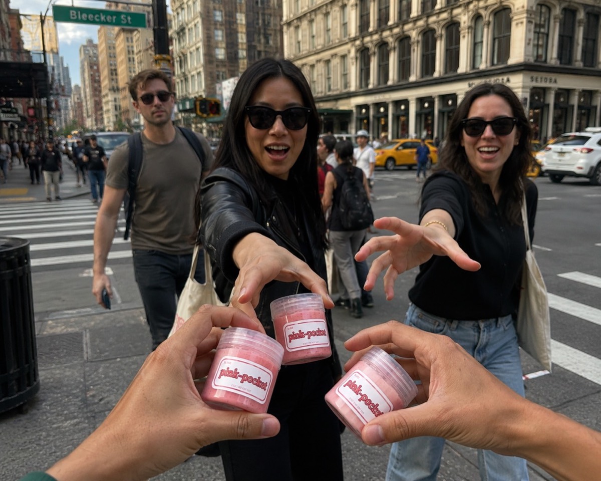Three small jars of Pink-Pocket held in the foreground on a city street