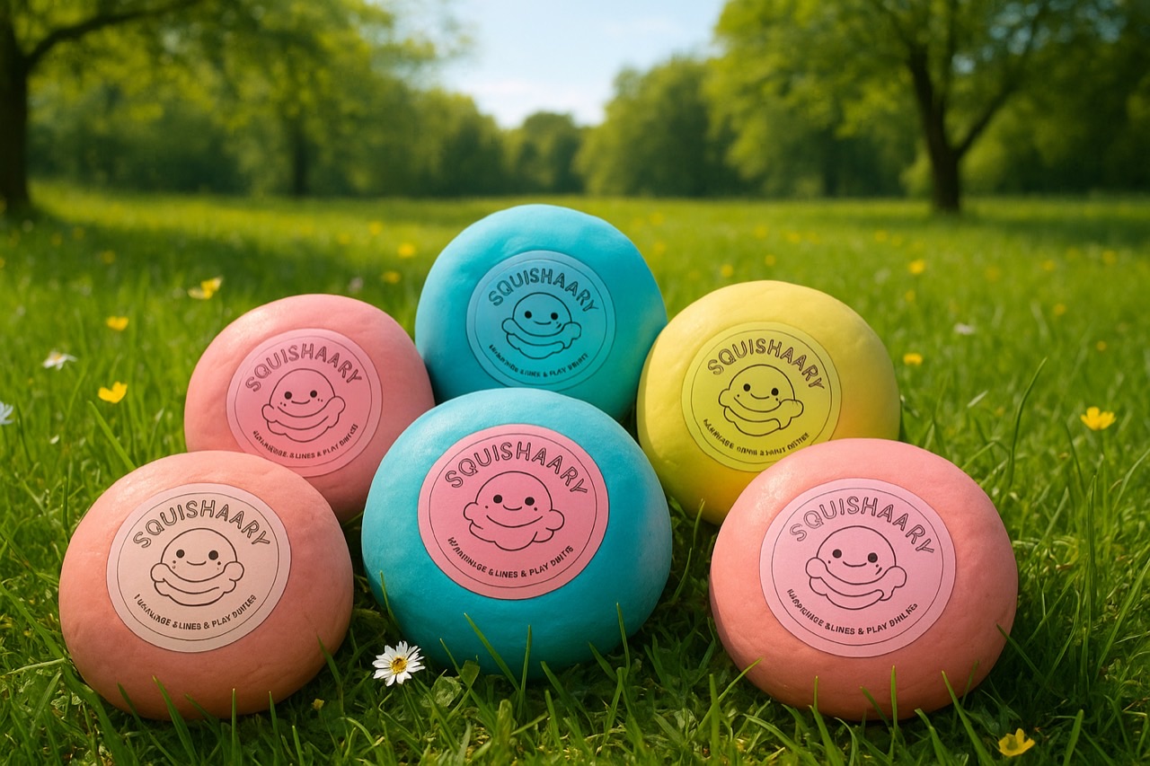 Six round Squishaaru playdoughs in pink, blue, and yellow on grass